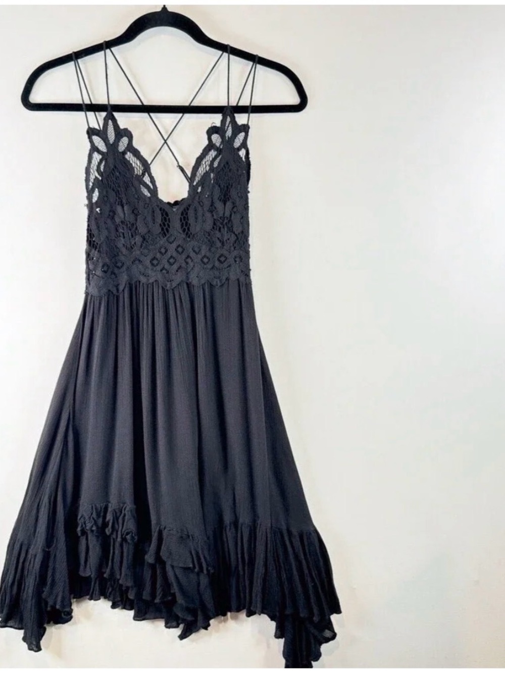 Free People FP One Adella Slip Mini Dress Crochet Lace Tiered M Black NWT